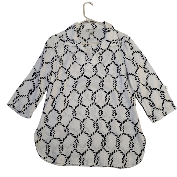 Neiman Marcus White & Blue 100% Linen V Neck Top Shirt, Size S - Picture 1 of 15